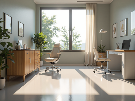 现代办公环境,心理咨询师在温馨的咨询室中工作,墙上挂着心理学相关证书和装饰品