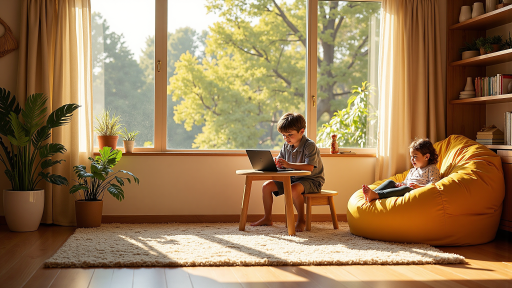 阳光透过窗户照进温馨的客厅,父母与孩子围坐在一起阅读书籍,画面充满爱意